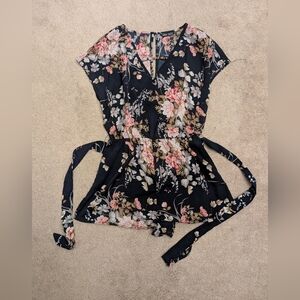 Shein Floral Cap-Sleeve Belted Romper